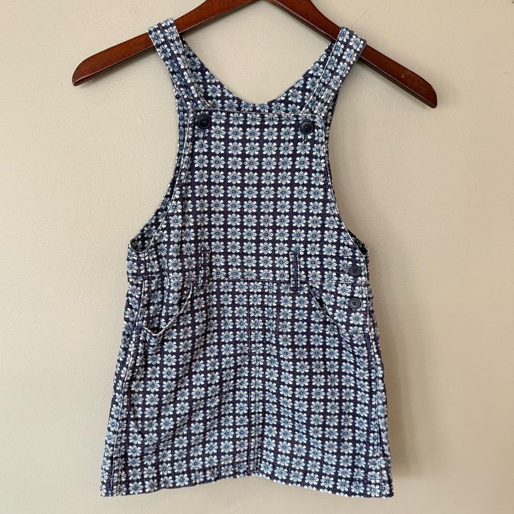 Uniqlo Corduroy Bib Jumper Dress Dress Blue White Floral Snowflake Design Sz 5/6